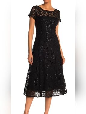 Black Sequin Lace Midi Dress